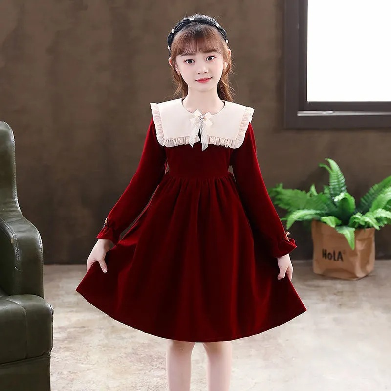 Vestido de estudiante de niñas primavera nuevo estilo occidental Otoño e Invierno ropa niña princesa vestido niños Año Nuevo saludo ropa falda de moda