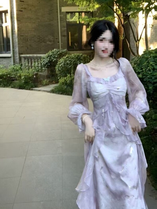 Resort Style Thai Seaside Travel Style Gray Blue Smudged Fairy Butterfly Ruffled Long-Sleeved Dress