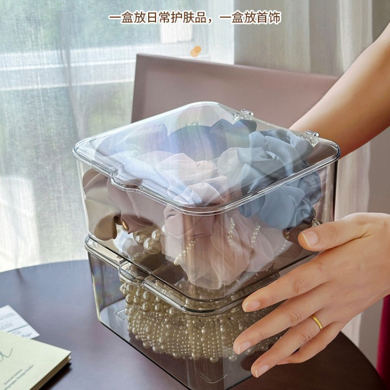 桌面收纳盒亚克力透明杂物置物架筐办公室书桌带盖防尘文具整理盒|undefined
