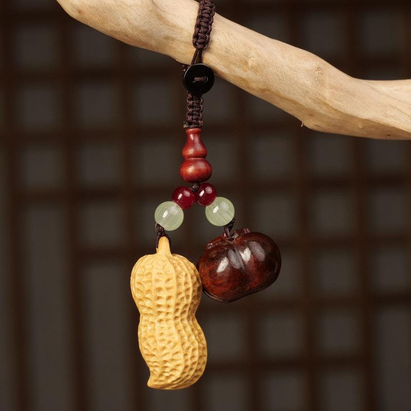 Good Things Happen Red Sandalwood Persimmon Peanut Car Keychain Pendant Creative Safe Good Luck Retro Couple Hanging Jewelry
