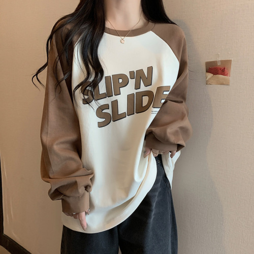 Women's Long Sleeve Oversized Collared Contrast Color T-Shirt with Lettering and Soft Texture, Trendy and Youthful Women's Top