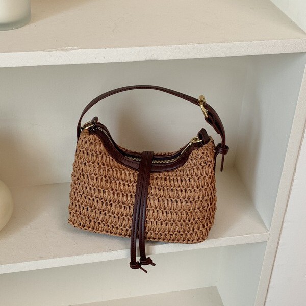 Cross-border vintage handmade straw bag for women, 2026 summer new mini versatile commuter crossbody zipper bucket bag