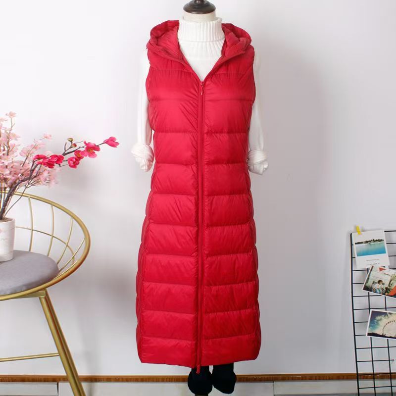 2025 New Autumn and Winter Mid-Length Over-The-Knee Hooded down Vest Korean Style Slim and Versatile Long Vest Vest for Women