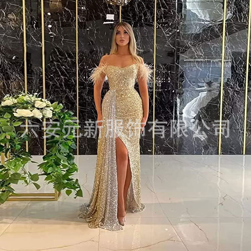 Comercio exterior de Europa y América Amazon AliExpress deseo estación independiente nueva sequined fuera del hombro split fishtail vestido adelgazante image 4