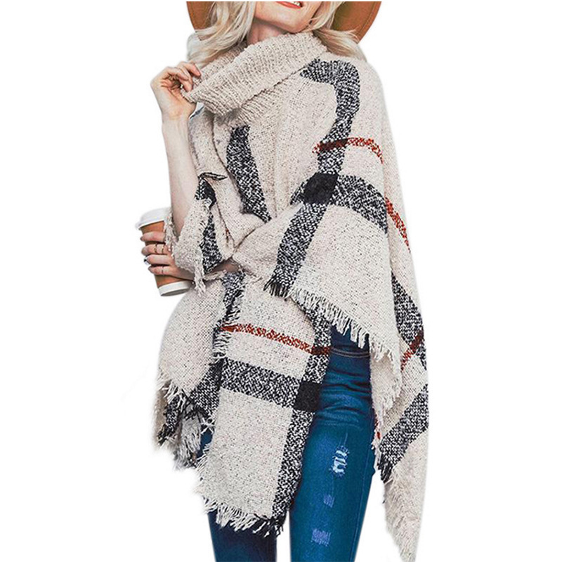 Foreign Trade Cross-border Loose Large Size Knitwear European and American Mid-length Turtleneck Tassel Cape Shawl Popular Knitwear for Women