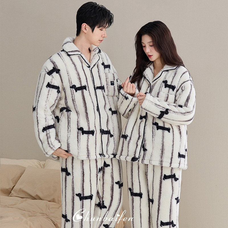 Flannel Pajamas Women's Winter New Plus Velvet Thickened Coral Fleece Warm Home Clothes Couple Set Men