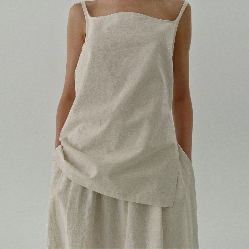 Summer New Cotton and Linen Camisole French-Style Casual Sleeveless Loose Comfortable Zip-Up Top Outerwear Square-Neck Blouse