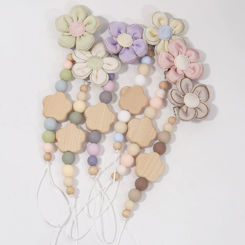 Цепочка для пустышки с цветочным дизайном для успокоения малышей, с застежкой из нержавеющей стали, силиконовая, безопасная для жевания, анти-потеряшка для пустышки.