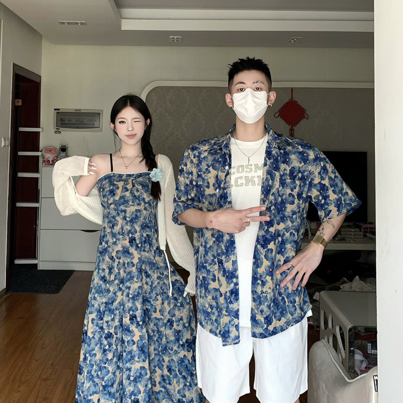 2024 여름 커플 의류 여성 티 브레이크 프렌치 레트로 꽃 스트랩 비치 원피스