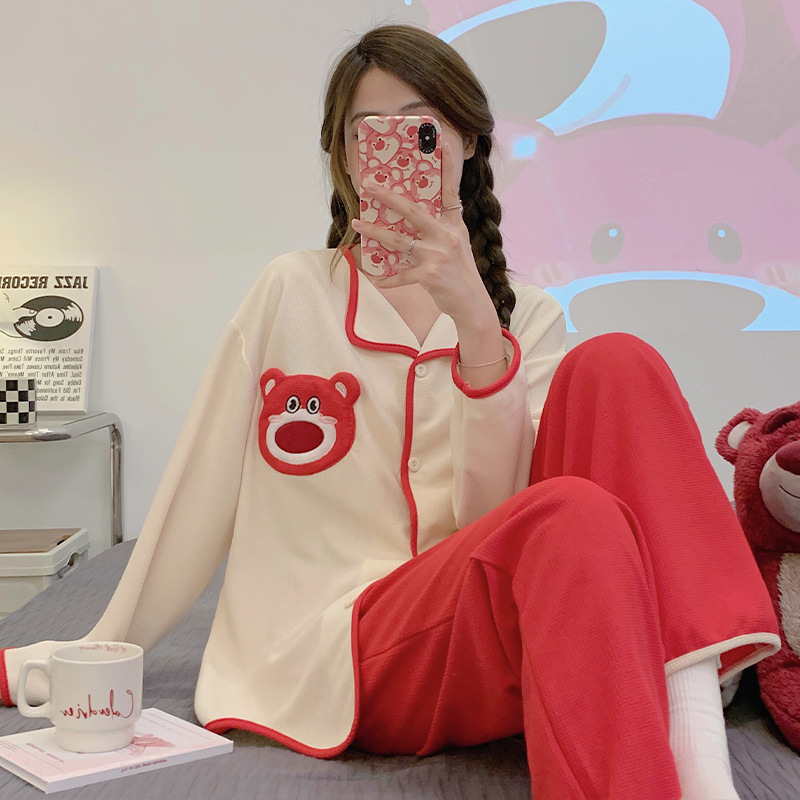 Internet Celebrity Bear pijamas mujeres waffle algodón Otoño e Invierno de manga larga pequeña solapa cardigan linda chica desgaste en casa traje