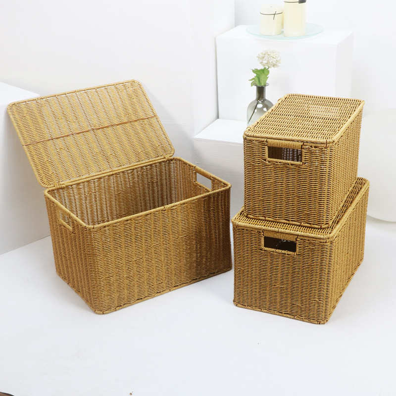 Imitation Rattan Bathroom Clothes Storage Basket with Large Capacity, Handmade Woven Desktop Kitchen Miscellaneous Storage Basket, Japanese Style Imitation Rattan Bathroom Clothes Storage Basket with Large Capacity, Handmade Woven Desktop Kitchen Miscellaneous Storage Basket, Japanese Style