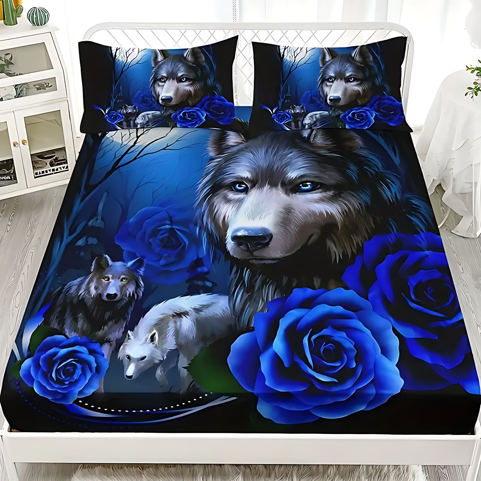 TEMU / JIT transfronterizo para Blue Rose Wolf 3D impresión digital molida cama de cama de cama de cama de la fábrica de origen