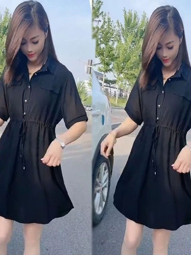 Chic Collared Shirt, Black Mini Skirt, Short-Sleeve, Cinched Waist, Slimming, Forest Style, Outerwear, Loose & Comfortable Dress