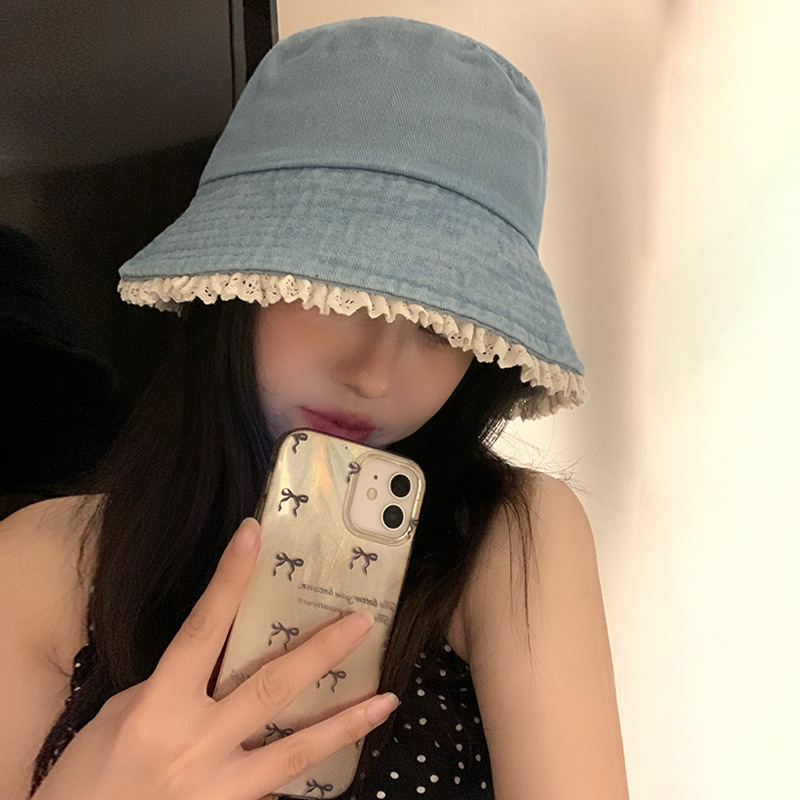 Bonito sombrero de pescador, sombrero de vaquero de borde de encaje, sombrero de bañera, sombrero de sombrero de alta calidad, sombrero de sombrero de la universidad, viento de la cara, sombrero de cubo pequeño, mujer