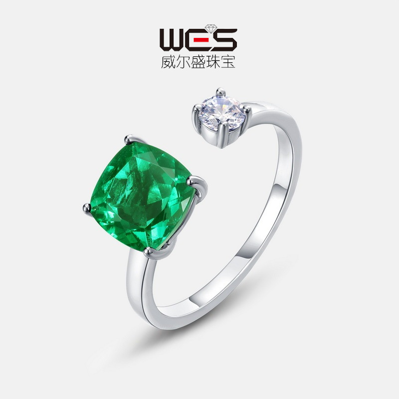 Joyería transfronteriza anillo de plata 925 con incrustaciones de cultivo anillo de Gema Esmeralda fuente en stock anillo de moda simple