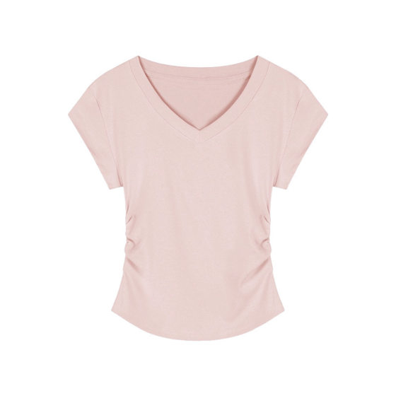 Spice Girls Pure Want V-neck T-shirt Women's 2025 Summer Pleated Short Slim-fit Shoulder Pullover American-style Girl's Short-sleeved Top