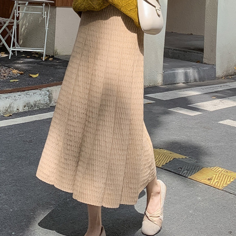 针织半身裙女2025年新款秋冬季百褶裙子高腰中长款配毛衣字裙女装|undefined