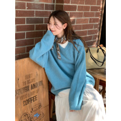 韩系慵懒风V领宽松纯色毛衣春秋女百搭软糯毛针织衫上衣
