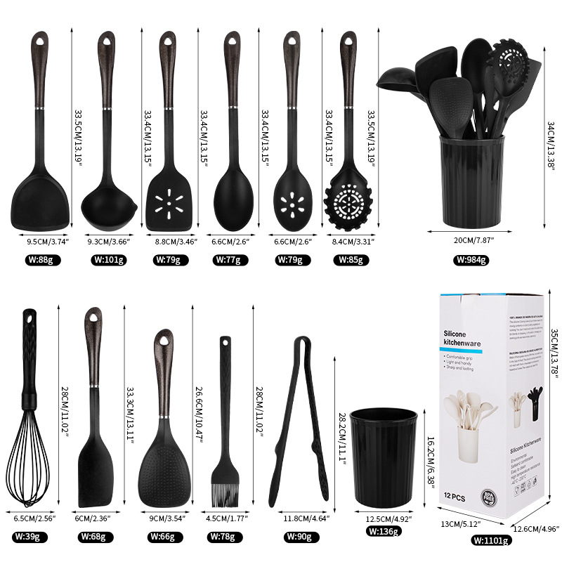 Amazon suministra 12 piezas de cocina de silicona antiadherente cocina de grado alimenticio de silicona cocina de alta temperatura