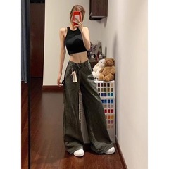 美式军绿色工装裤女生新款多口袋复古休闲阔腿宽松直筒微喇牛仔裤