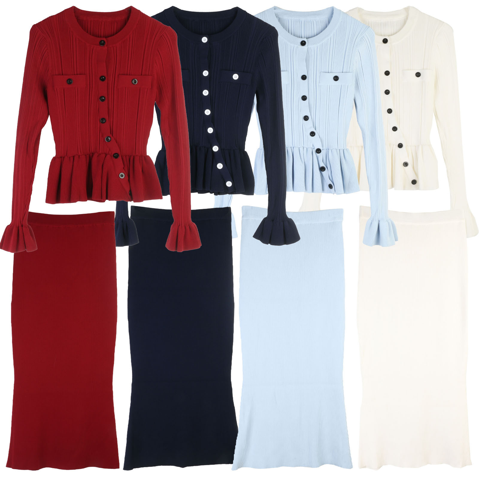 25套装裙修身荷叶边冰丝针织衫+半裙女秋季新款法式千金风包臀裙