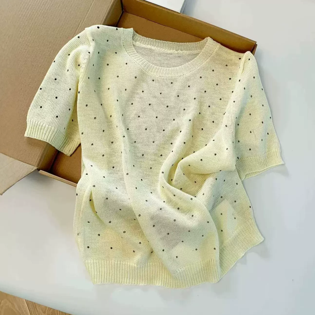 大朗针织衫文艺风波点短袖针织衫2026女夏季薄款宽松百搭圆领上衣