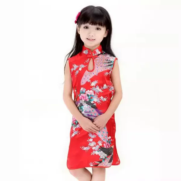 Silk Handled Peacock Cheongsam Summer Children's Tang Suit Cheongsam Girls Drip Collar Princess Dress Ceremony for Big Children