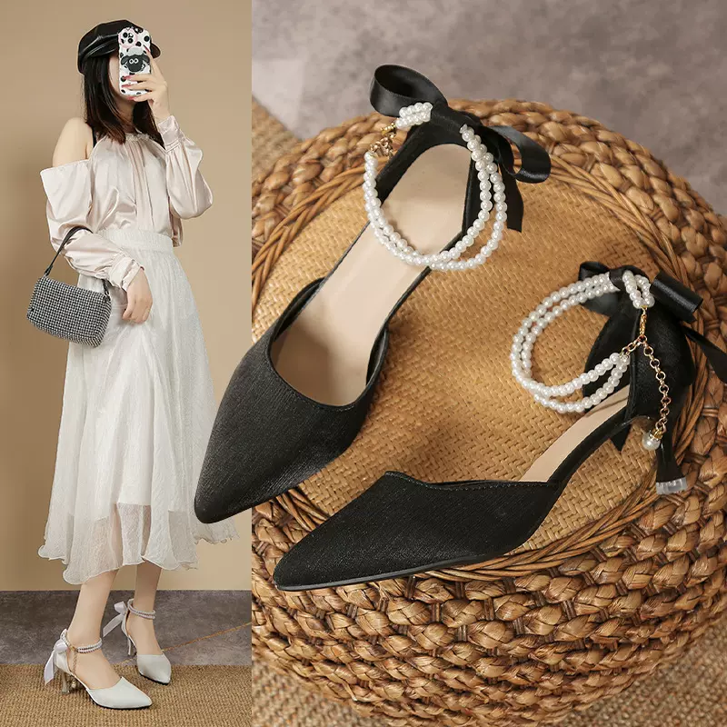 法式高跟鞋细跟女尖头气质2025夏季新款中空蝴蝶结名媛时装单鞋