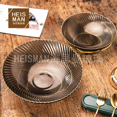 創意斜紋金邊玻璃果盤花邊餐盤家用乾果零食盤大容量水晶碗盤批發