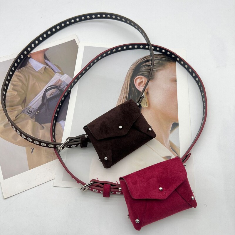 Decorative Belt Waist Bag for Women, Rivet Mini Bag, Suede Frosted Suede, Thin Jeans Belt, Versatile