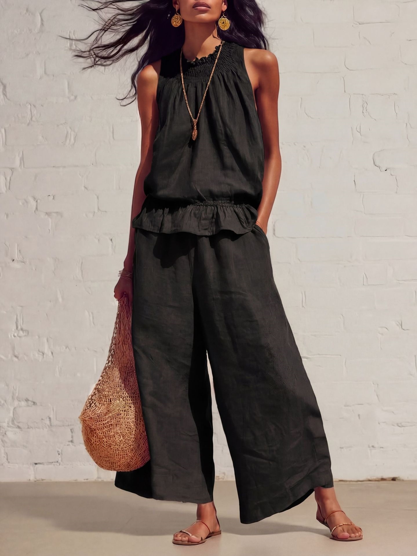Women's Clothing American Style Women's Ruffled Cotton Linen Two Piece Set Retro Bohemian Spring Summer New Arrivals_ecoleips.com
