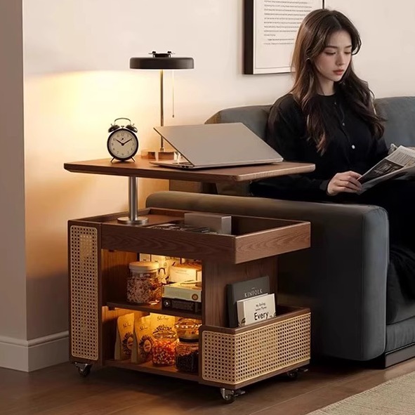 Solid Wood Mobile Side Table Rattan Wabi-Sabi Style Lifting and Rotating Coffee Table Living Room Sofa Side Cabinet Home Restaurant Trolley