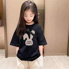 夏季新款2024女童荃棉短袖T恤儿童半袖上衣潮流中大童宽松上身衣