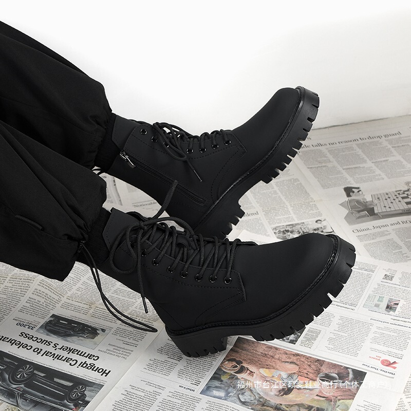Boots Men's British Style Black High-Top Leather Shoes New Mid-Top Motorcycle Boots Boys' Height-Increasing Leather Boots Boots Men's British Style Black High-Top Leather Shoes New Mid-Top Motorcycle Boots Boys' Height-Increasing Leather Boots