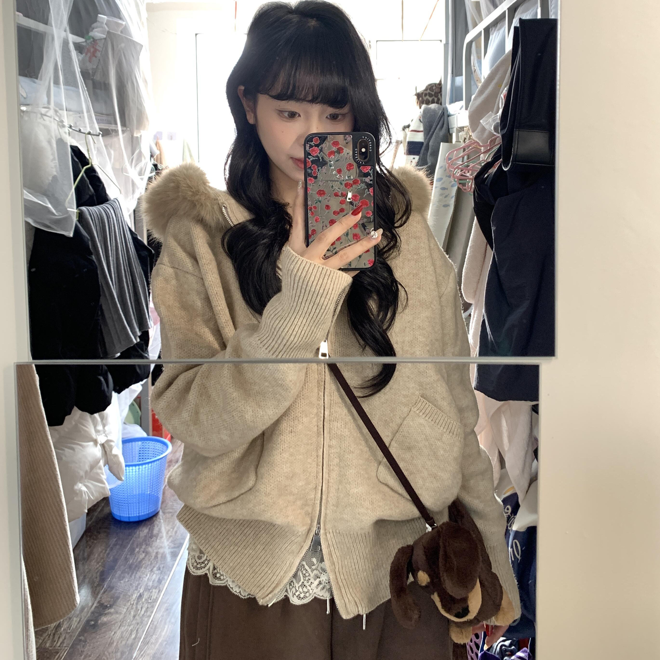 Fur Collar Loose Hooded Knitted Cardigan Sweater Jacket for Women Autumn and Winter Detachable Lazy Style Korean Outerwear