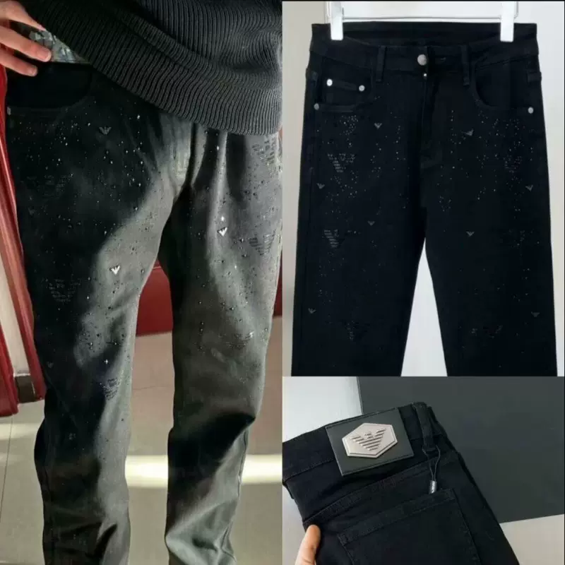 鹰徽满天星网红牛仔裤男新款同款学生黑色修身精神小脚百搭休闲潮