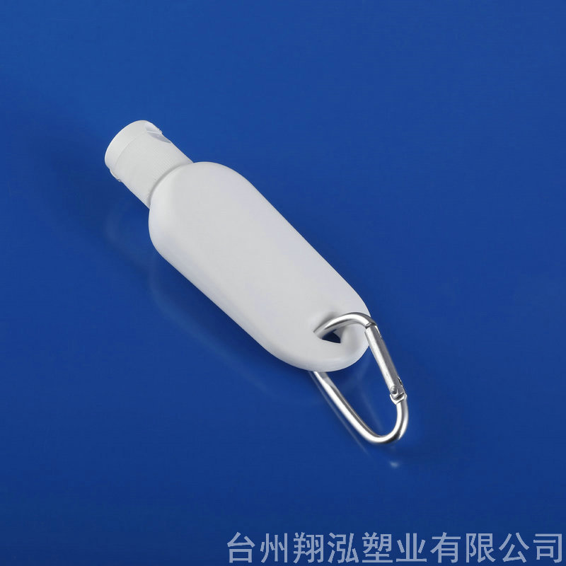 Suministro de fábrica 30ml HDPE material mosquetón gancho botella boca abajo botella gel desinfectante de manos libre botella de transporte