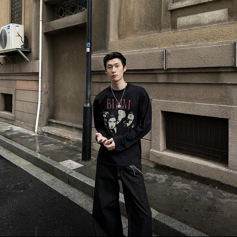 Men's Autumn Trendy Brand American-Style High-End Loose-Fitting Versatile Fashion Long-Sleeve T-Shirt with Band Print