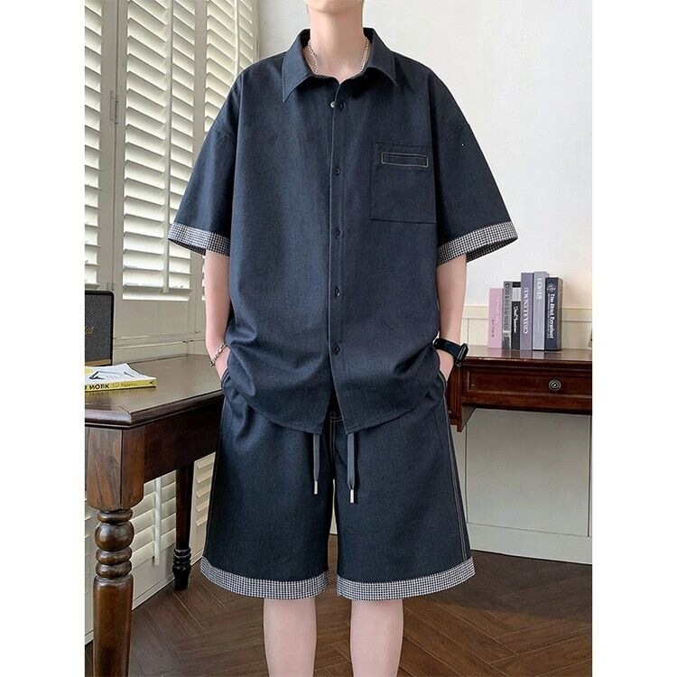 Summer Imitation Denim Plaid Patchwork Short-Sleeved Shirt and Shorts Suit for Men, Casual and Loose-Fitting Ice Silk Two-Piece Suit