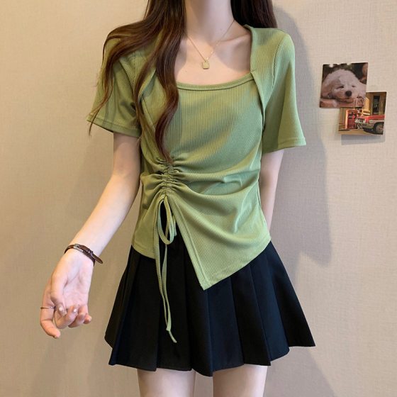 2024 summer clothing for fat girls Korean style plus size women's clothing asymmetric drawstring pleated soft short sleeve T-shirt top fashion