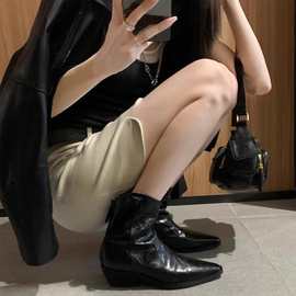 羊皮版~尖头V口西部靴女切尔西法式复古褶皱瘦瘦靴粗跟真皮短靴子