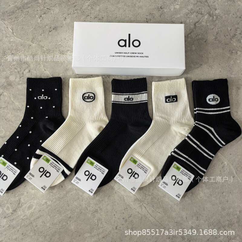 alo 新品袜子男女棉袜中筒运动款跑步袜盒装四季吸汗透气中筒袜批|undefined