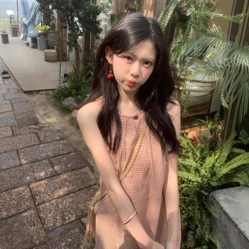 Korean Sweet Checkered Pleated Round Neck Dress for Women - Summer 2025 New Arrival Loose Medium Length A-Line Backless Dress