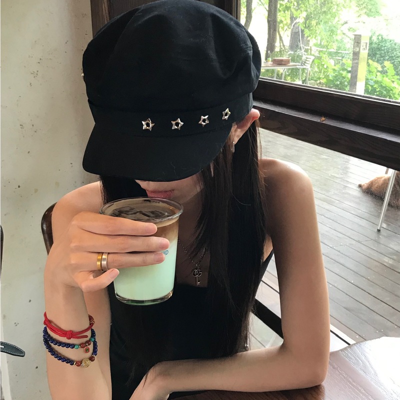 帅气小众星星黑色贝雷帽女亚文化蓓蕾画家帽大头围显脸小黑色帽子|undefined