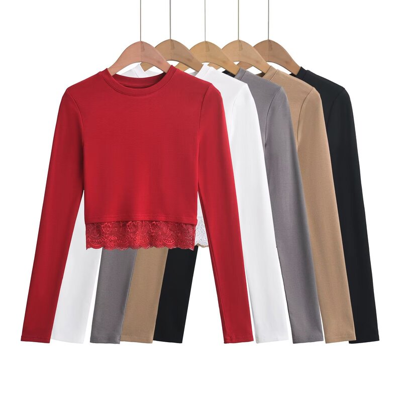 Early Autumn Round Neck Long Sleeve Stretch Cotton Tight Bottoming T-Shirt Slim-fit Slimming Short Top Lace Splice
