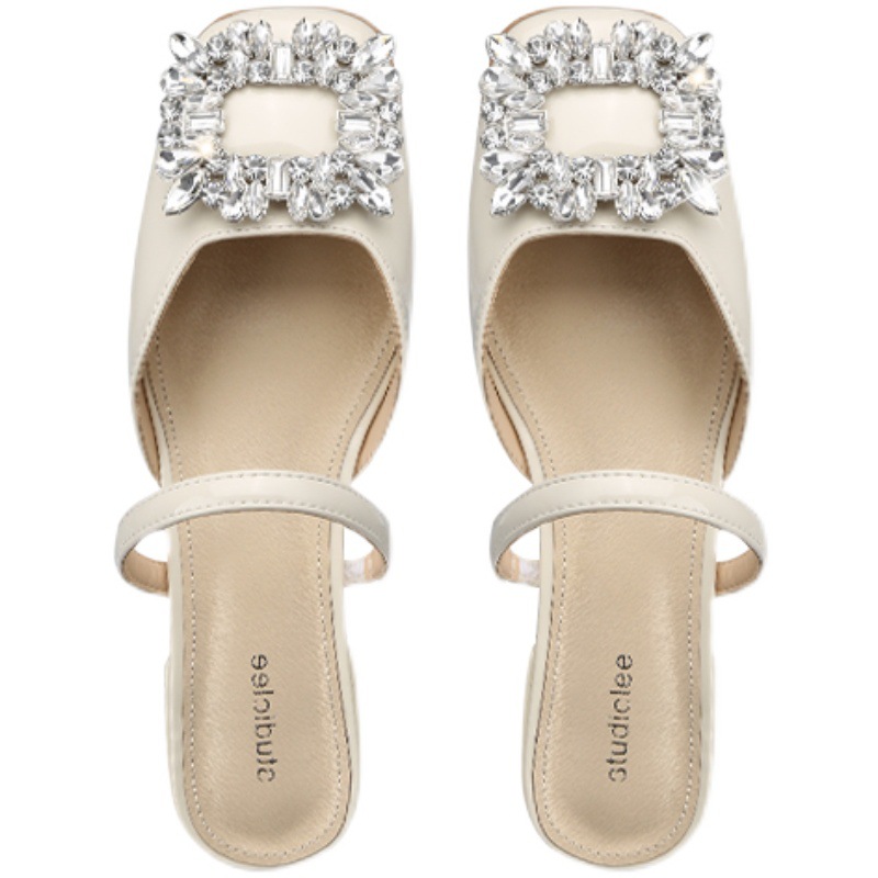 Grape Mom with the same style 2023 spring new sexy sandals and slippers women flash diamond shallow mouth square head flat half drag sandals women_voghion.com