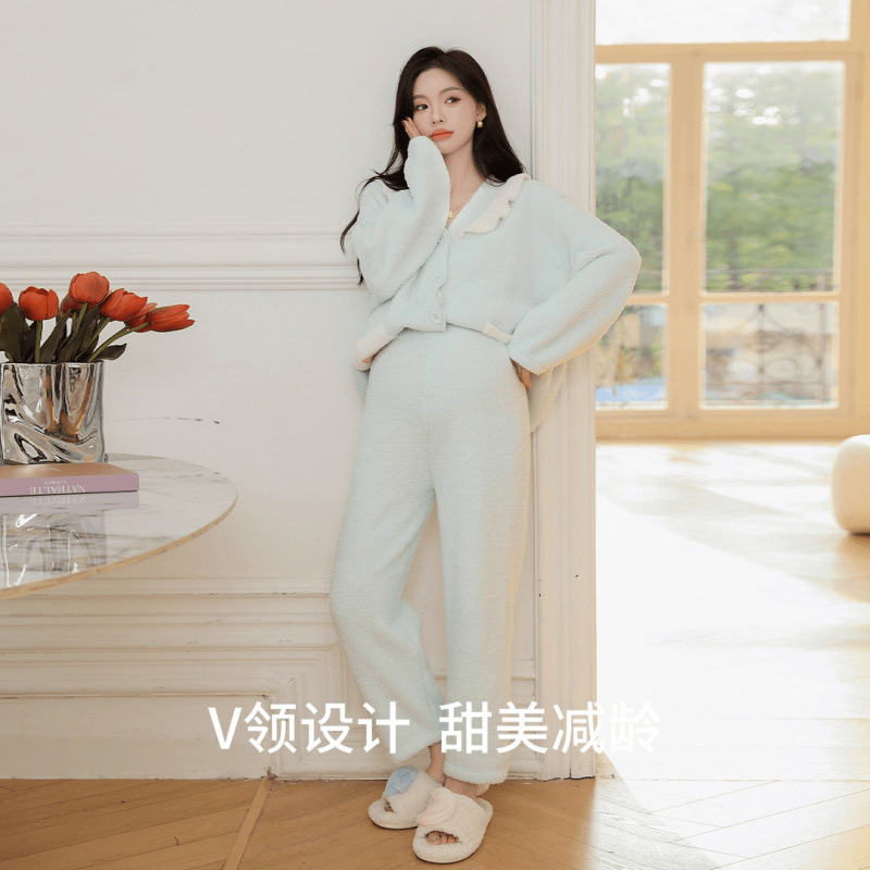 J ZHEN 6월 10일 명상 임산부 산후복 반벨벳 가을 겨울 잠옷 정장 여성 겨울 두꺼운 긴팔 따뜻한 집