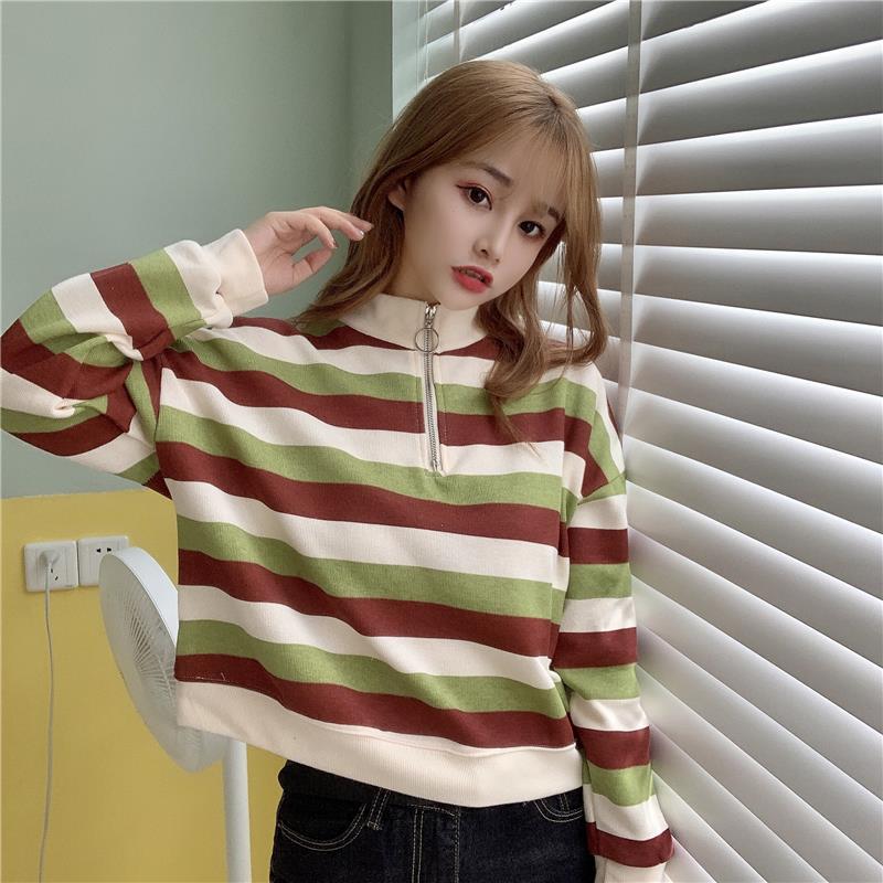 6535鱼鳞秋冬新款薄款立领拉链短款条纹卫衣女宽松韩版百搭潮上衣|ru