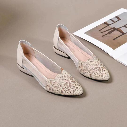 Mesh women's shoes hollow-out sandals women's summer new mesh breathable chunky heel single-layer shoes women's mid-heel middle-aged mom shoes