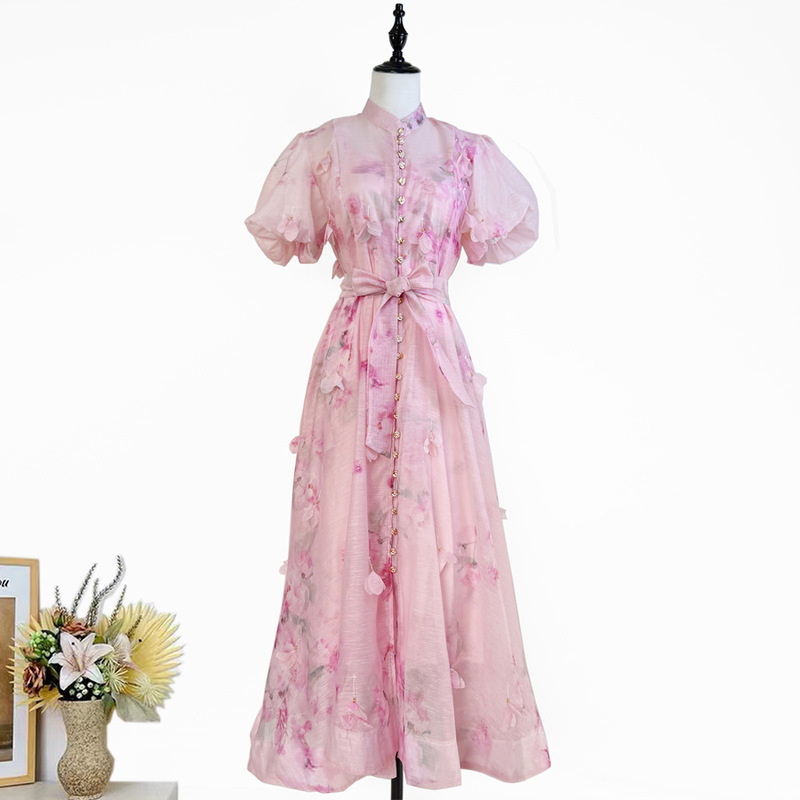 Aliexpress New Product Palace Style Large Swing Skirt Heavy Three-Dimensional Flower Puff Sleeve Dress with Belt Mid-Length Skirt